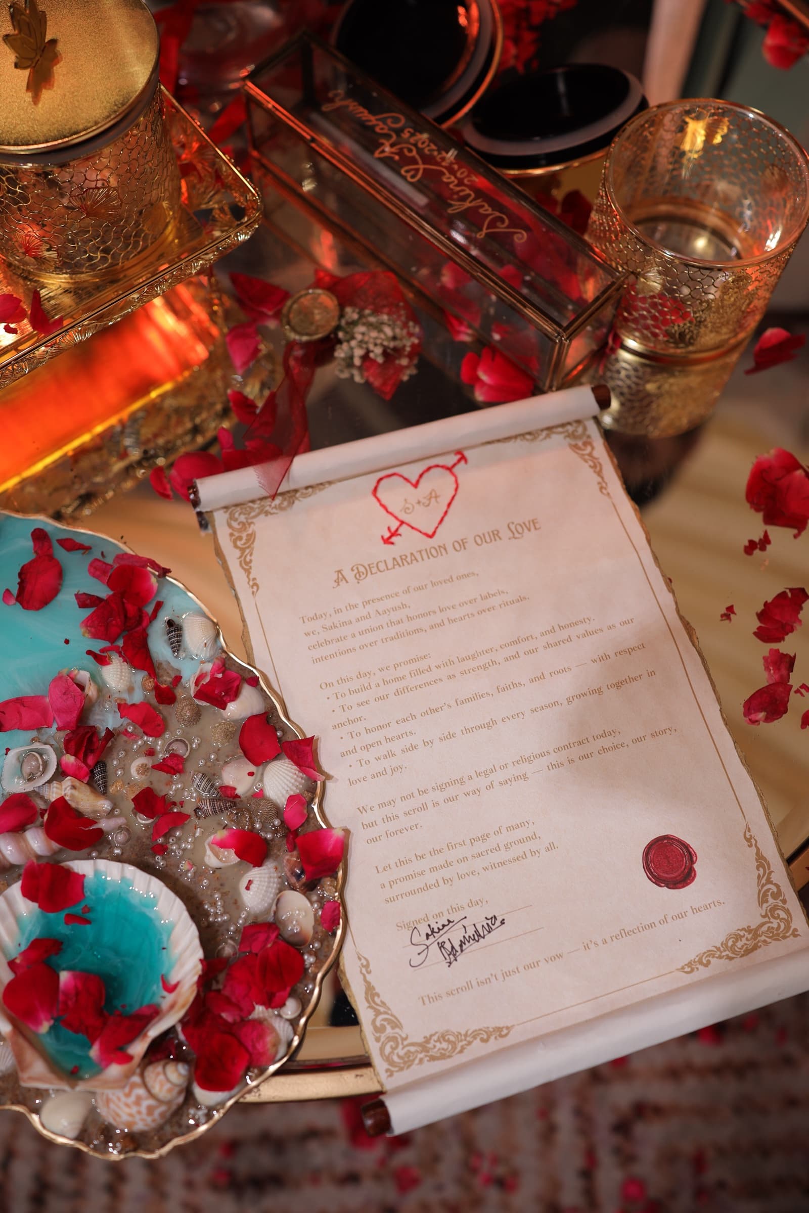 A wax-sealed parchment Declaration scroll on a gold tray