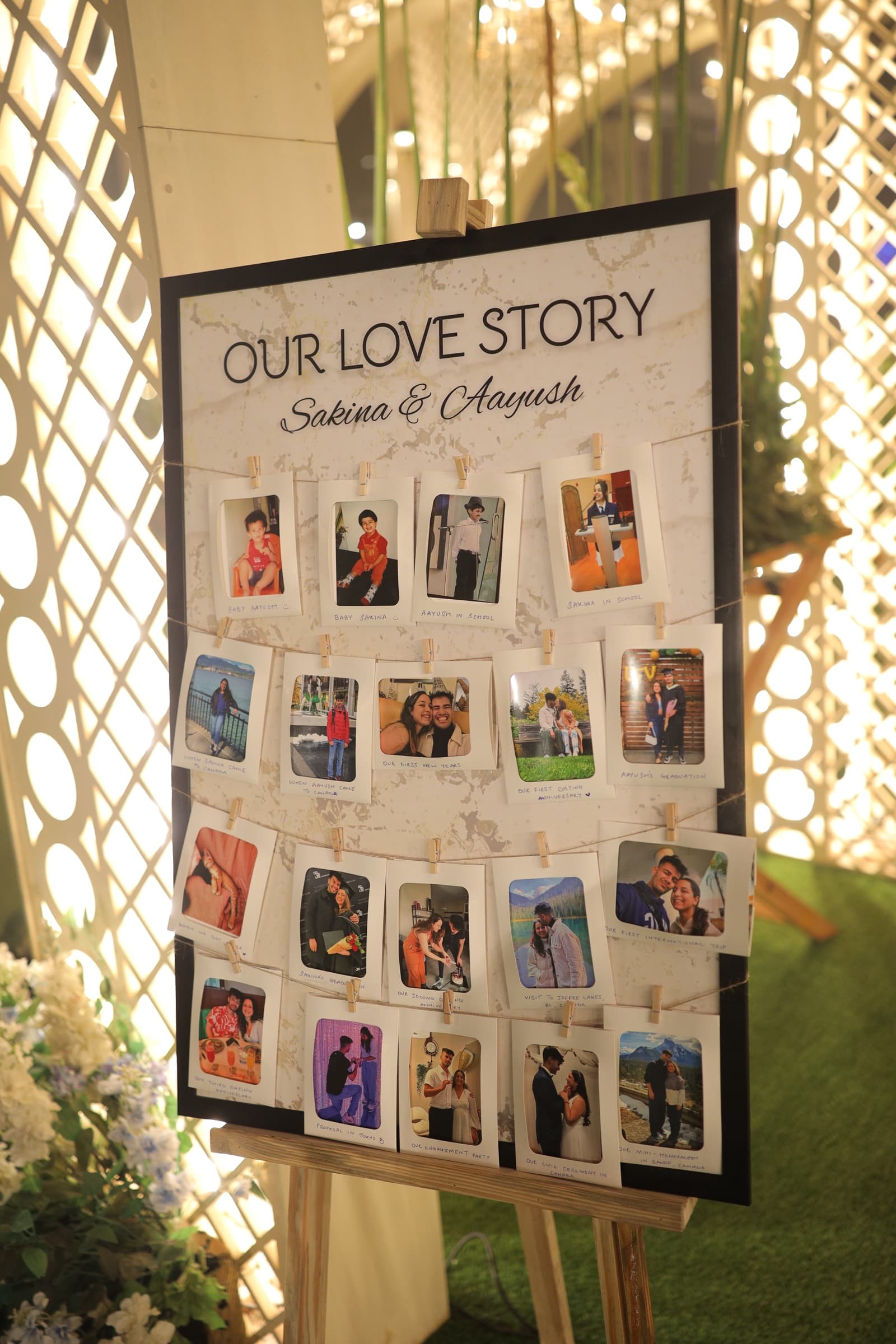 An Our Love Story polaroid pegboard