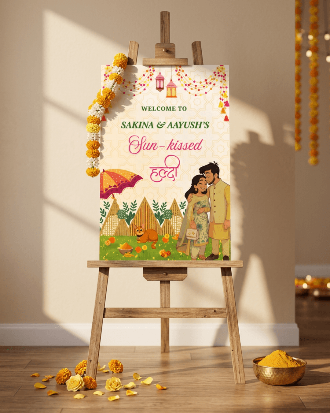 The Sun-kissed Haldi welcome board on a wooden easel, draped with marigolds